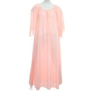 Vintage Muu Muu Maxi House Dress Large Coral Pink Lace Trim Long Sleeves 60s/70s